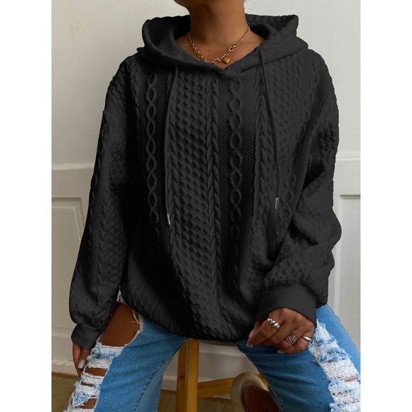 Plus Size Casual Hoodie, Women's Plus Solid Ribbed Long Sleeve Slight Stretch Ho - Picture 1 of 5